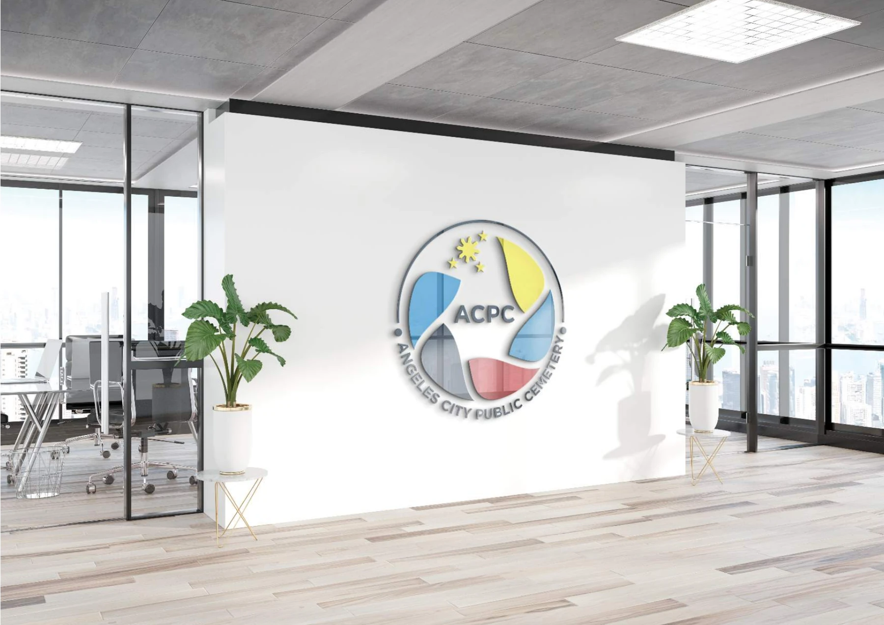 Civic identity signage presented in an office setting.