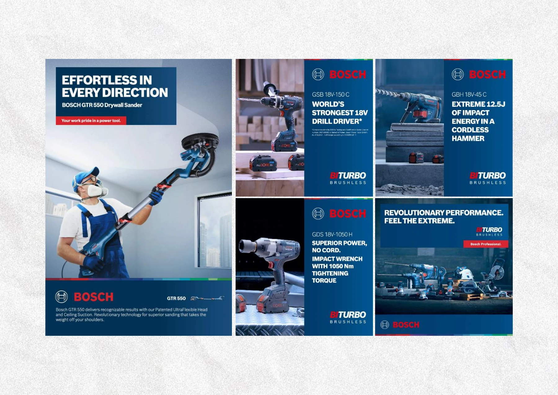 Bosch power-tool and home-technology promotional layouts.