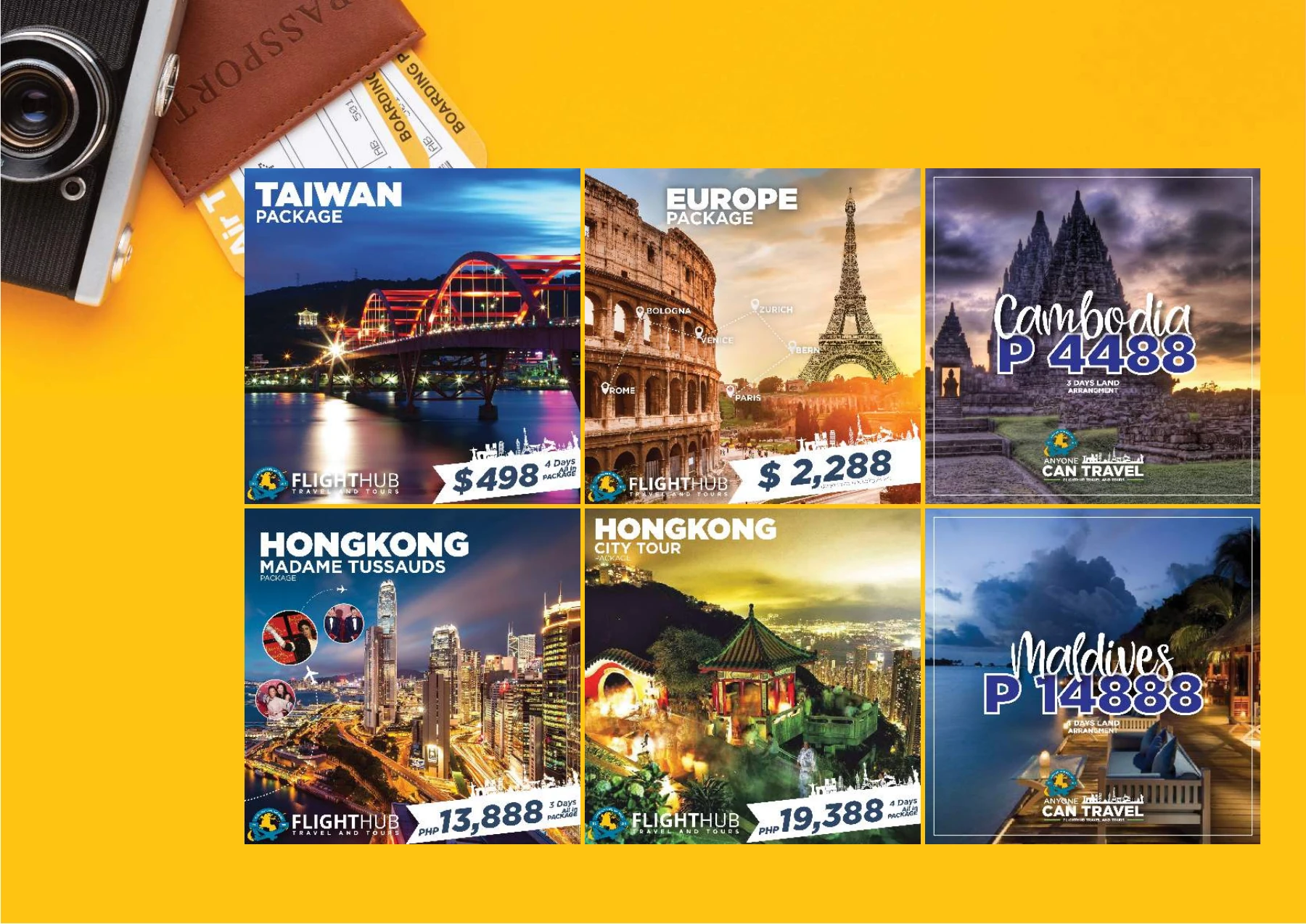 Flight Hub travel-package graphics featuring destination photography and offer layouts.