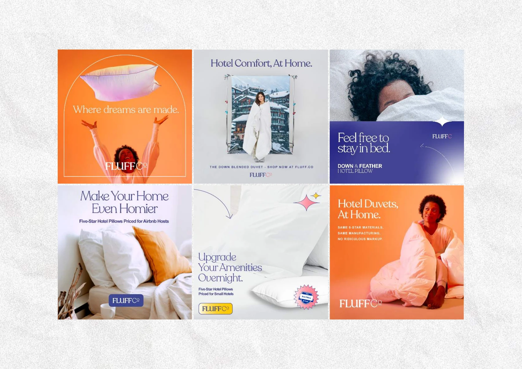 Fluff Co. bedding and lifestyle promotional graphics.