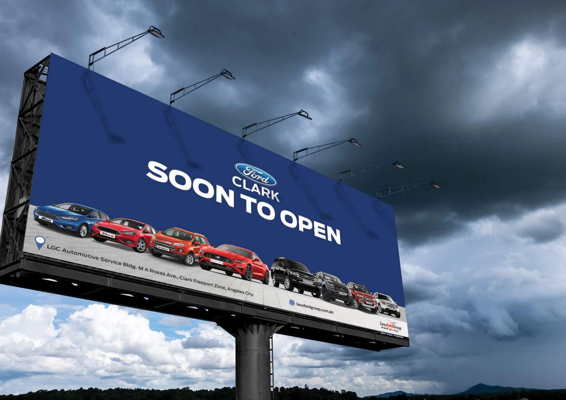 Ford Clark launch billboard design presented in an outdoor mockup.
