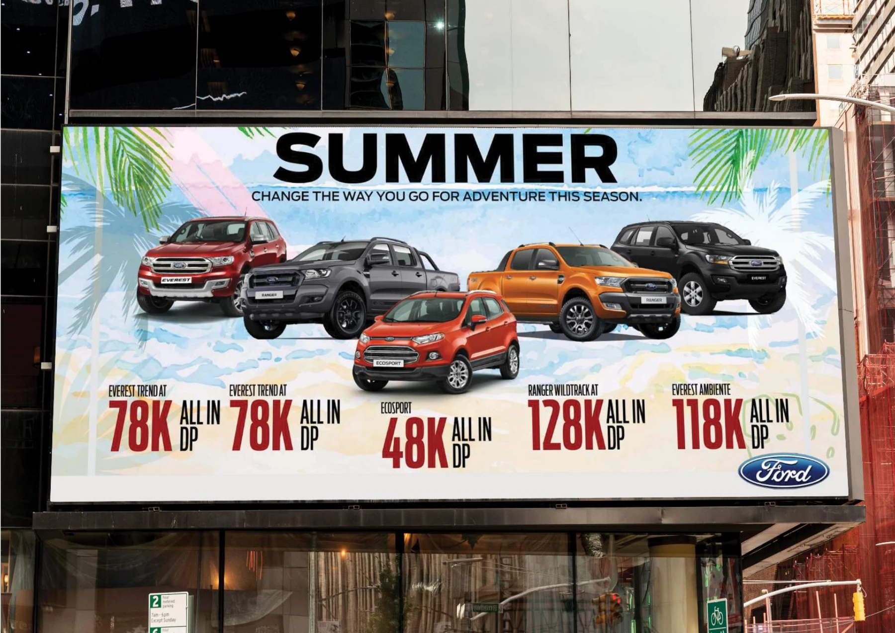 Ford summer promotion featuring multiple vehicles in a billboard mockup.