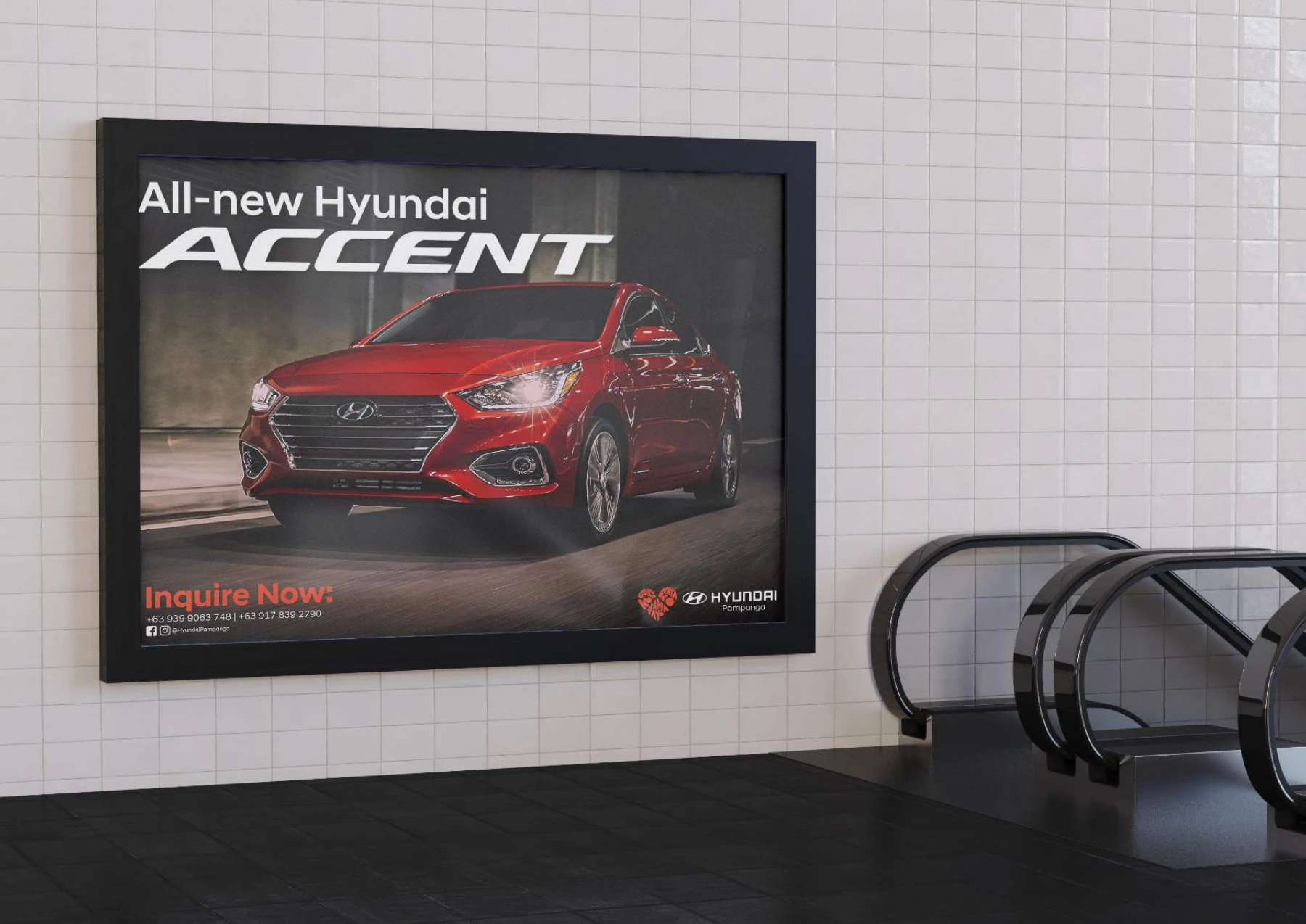 Hyundai Accent advertisement presented in an escalator-area display mockup.