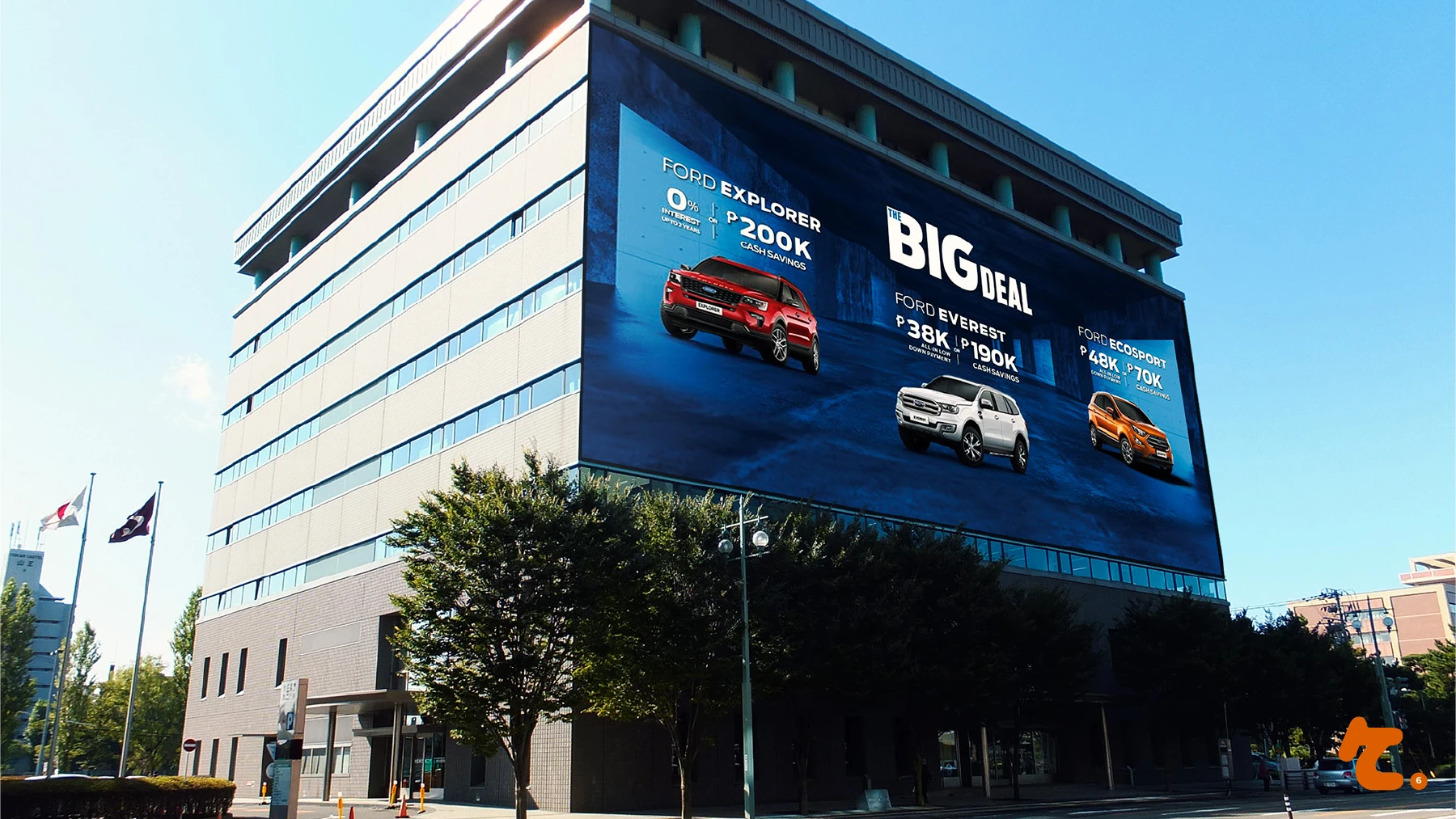 Ford automotive promotional design shown on a building in the supplied portfolio.