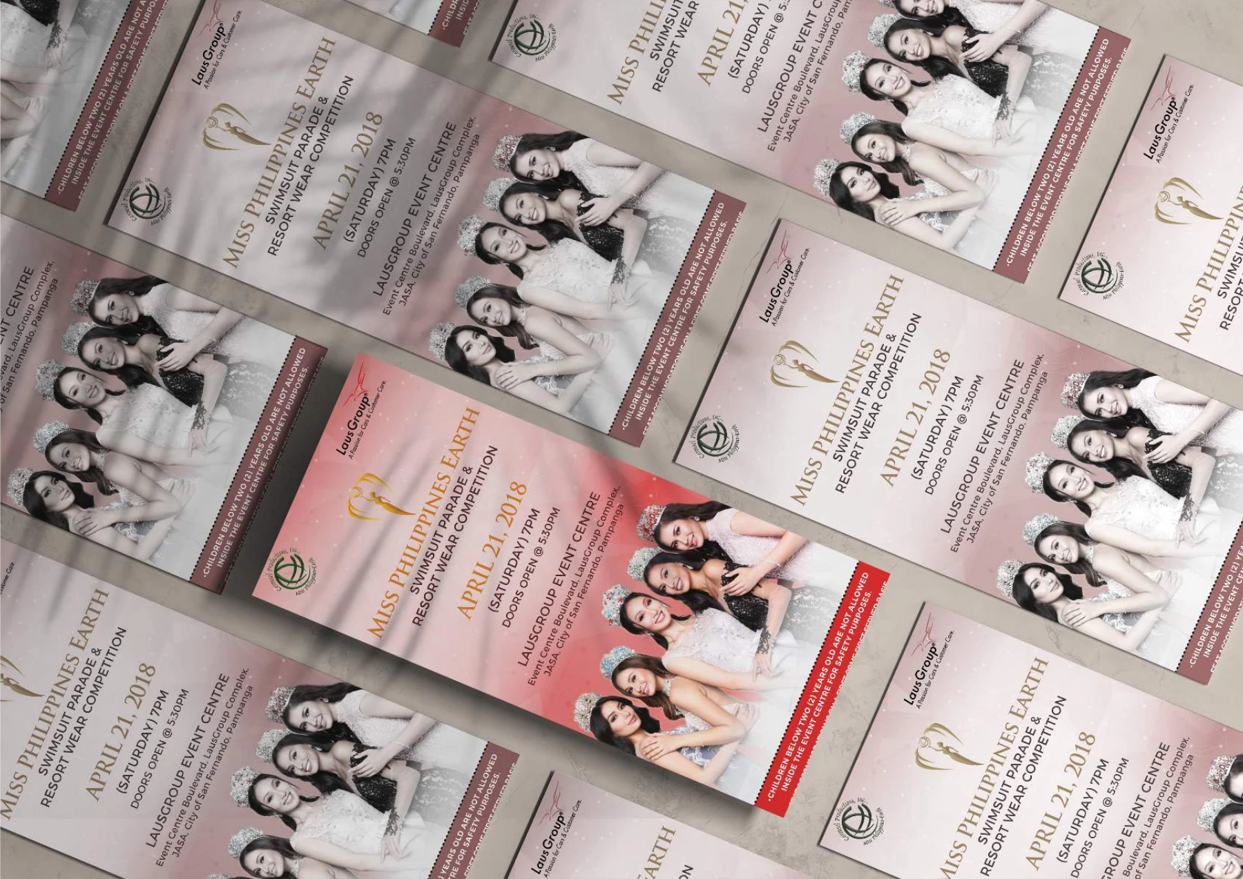 Laus Group printed promotional layouts arranged as a print presentation.