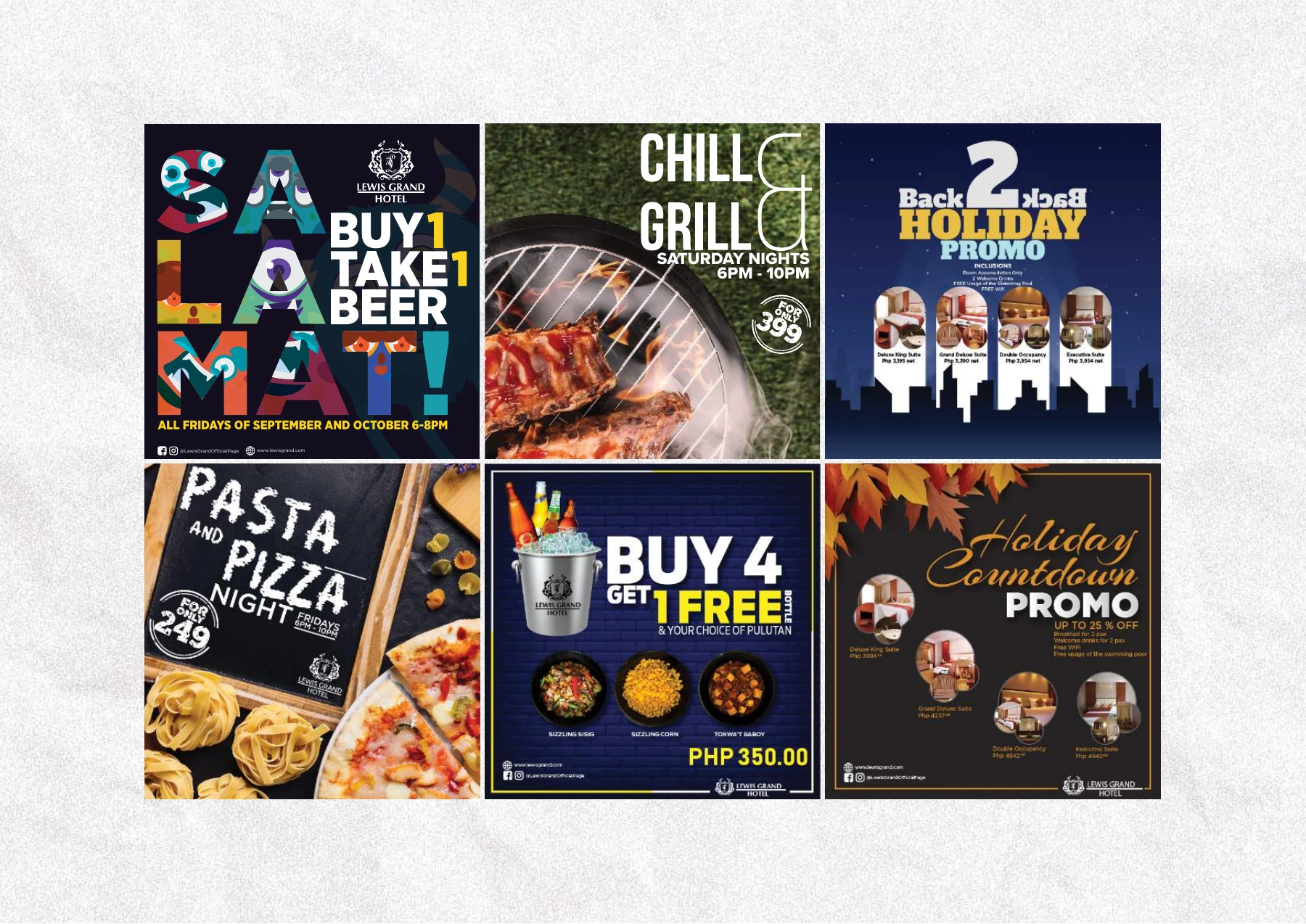 Lewis Grand Hotel dining and promotional graphics in a six-layout collection.