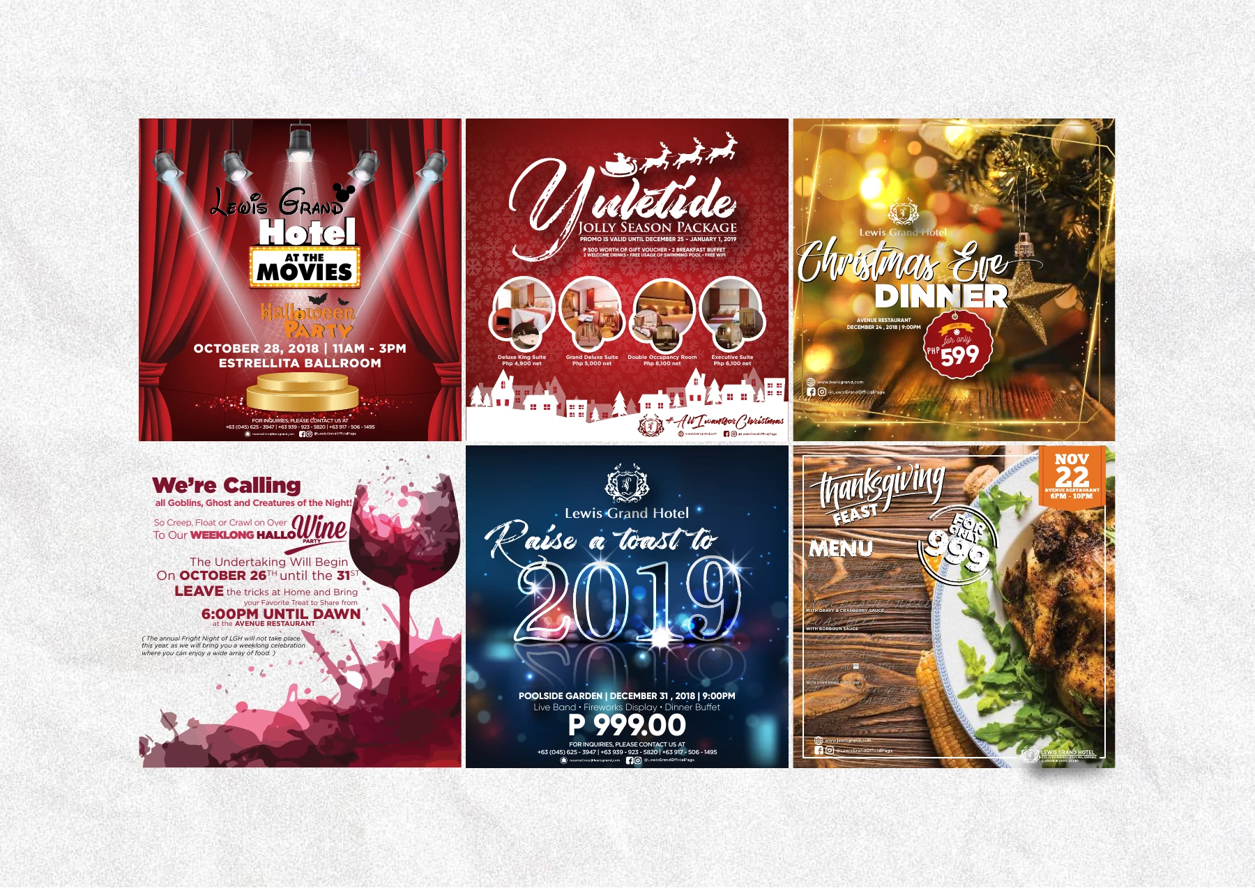Lewis Grand Hotel seasonal and event graphics, including holiday promotions.