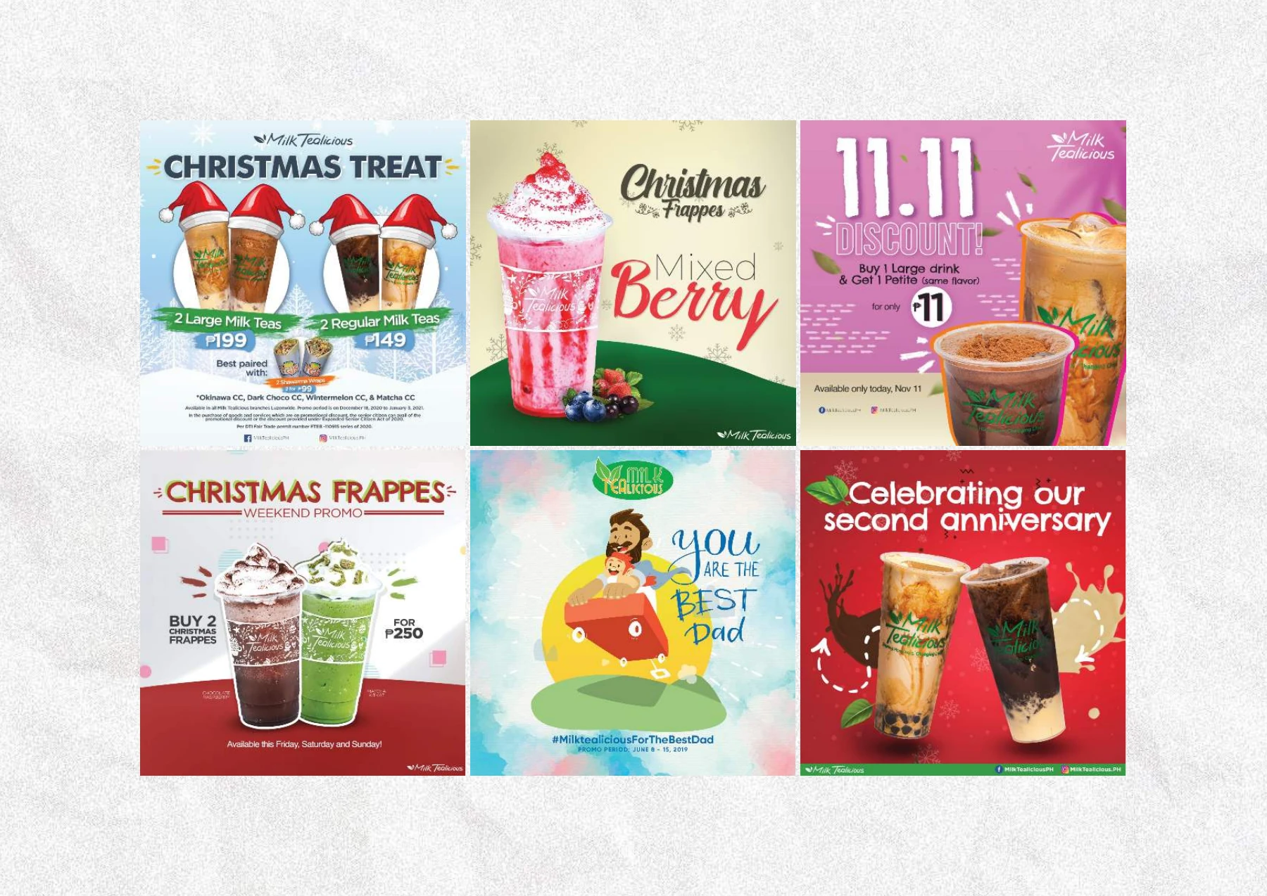 Milktealicious seasonal beverage and promotional social graphics.