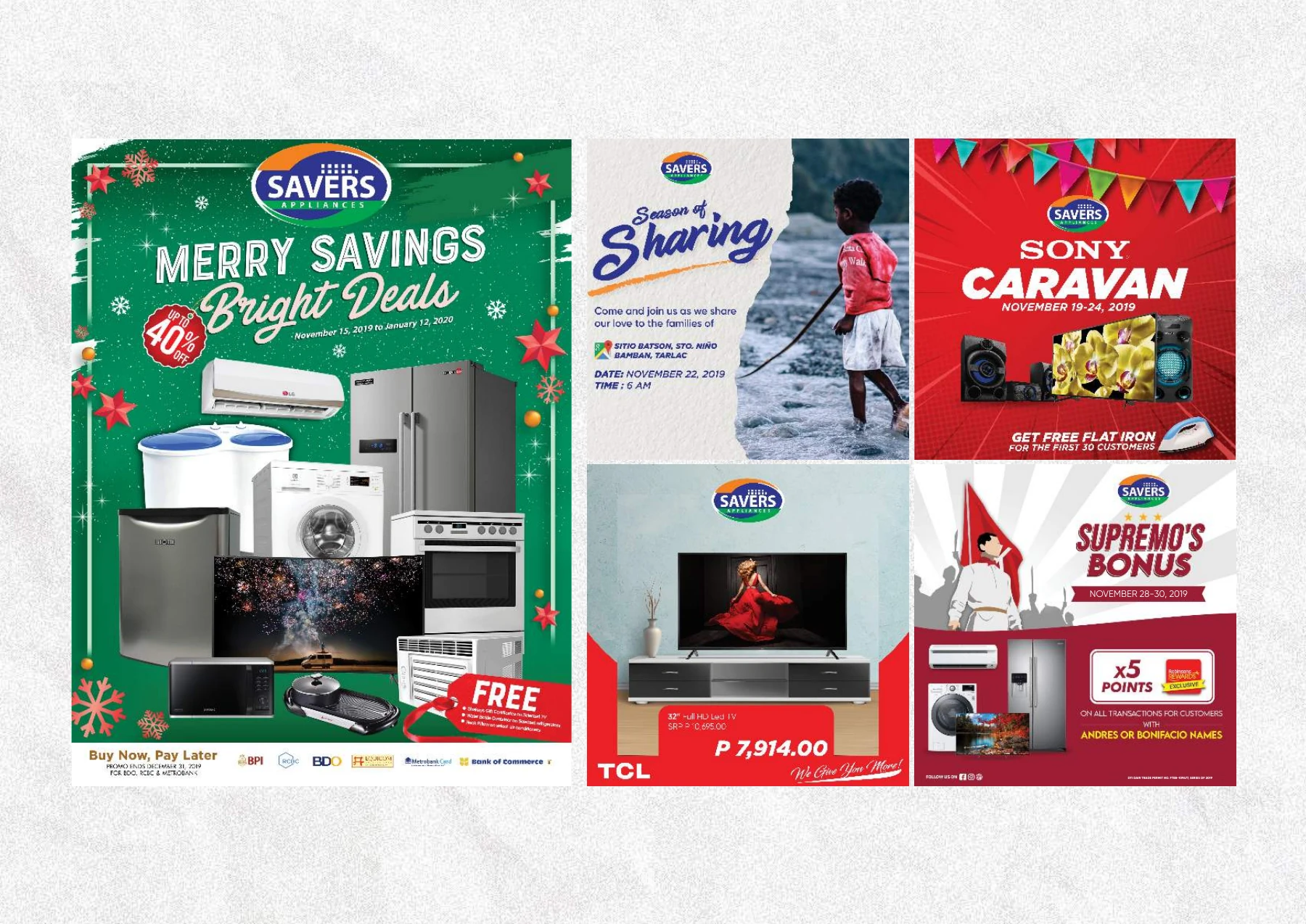 Savers Appliances retail graphics with appliance imagery and seasonal offers.