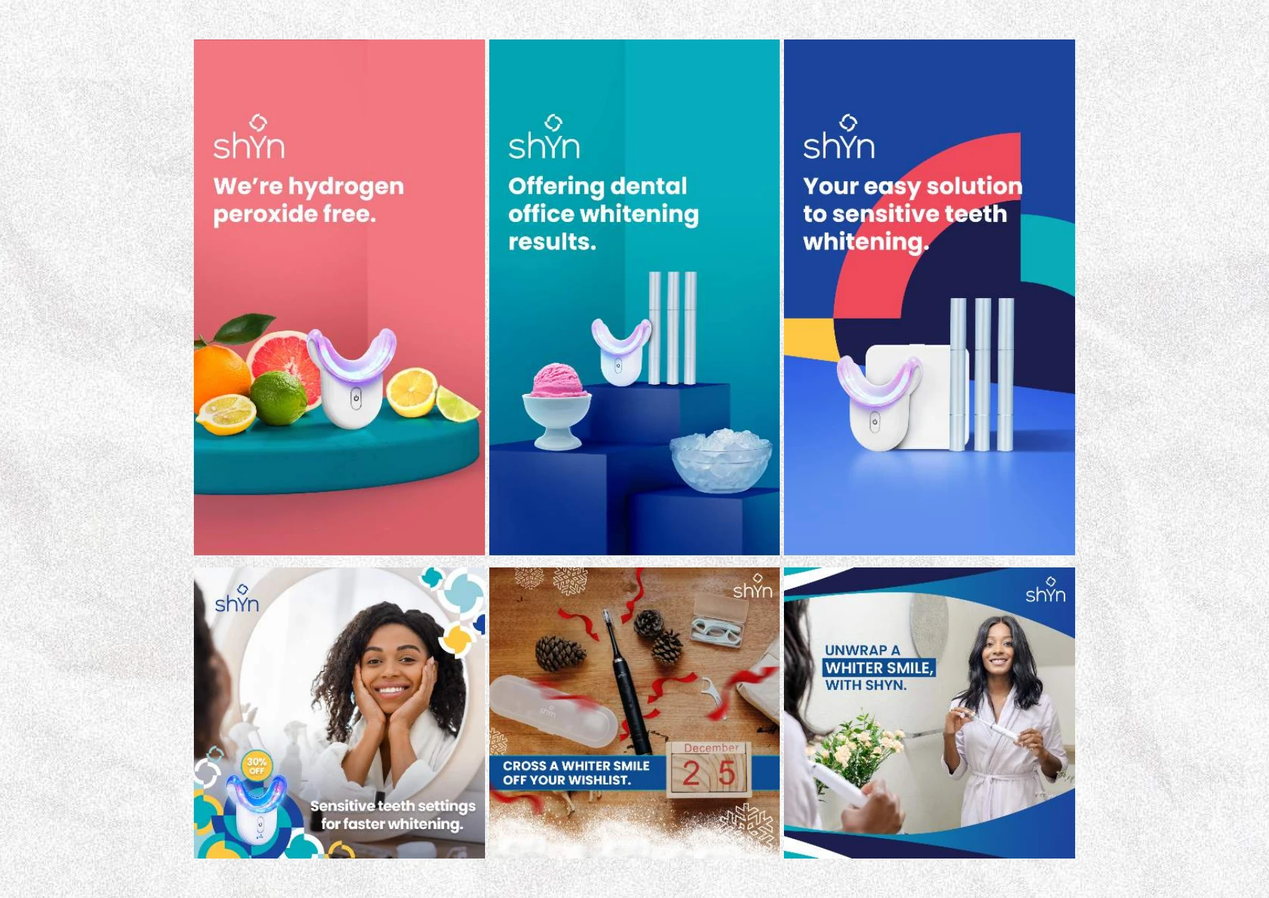 Shyn oral-care product and lifestyle graphics with colorful backgrounds.