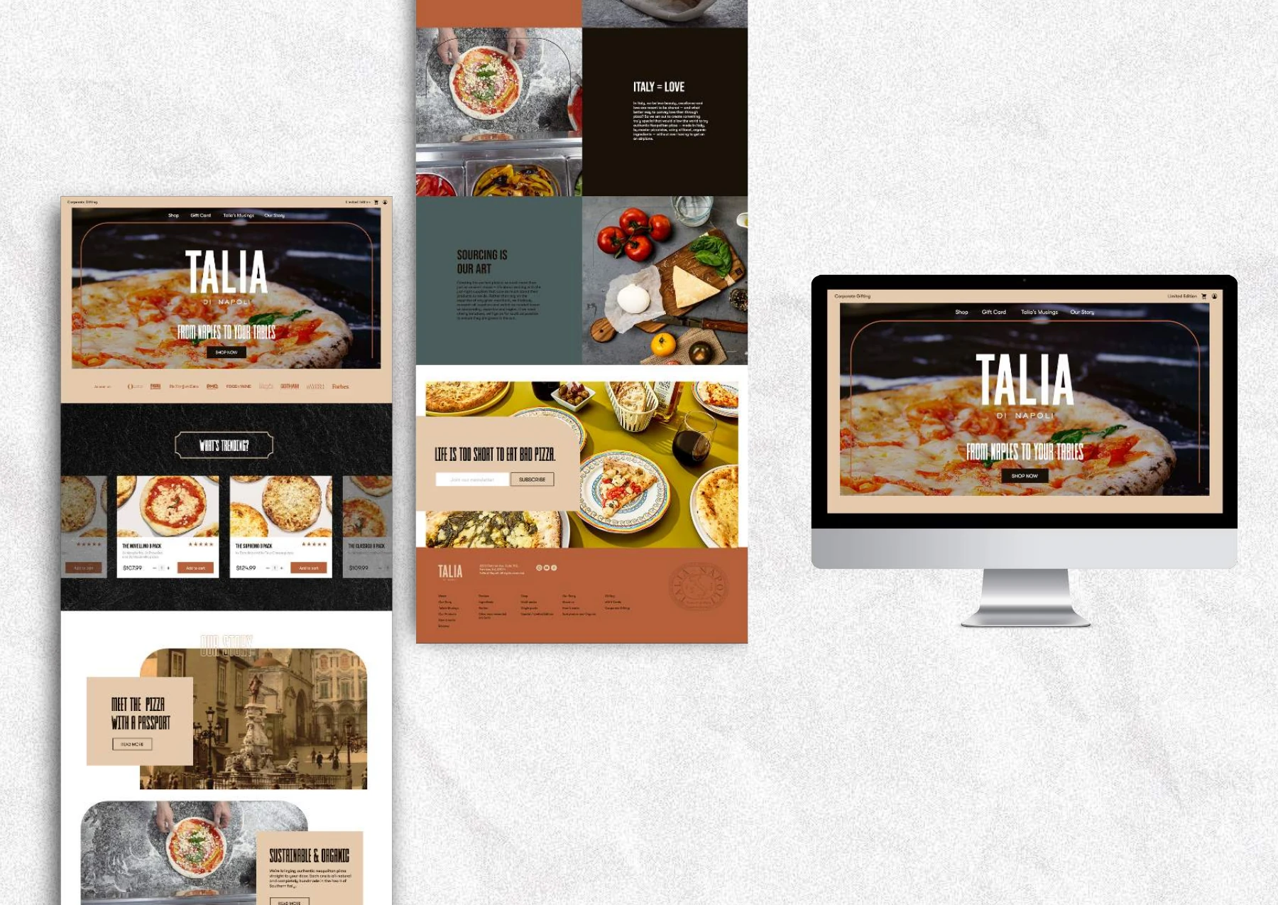 Talia di Napoli website layouts presented as long-form page designs and a desktop mockup.