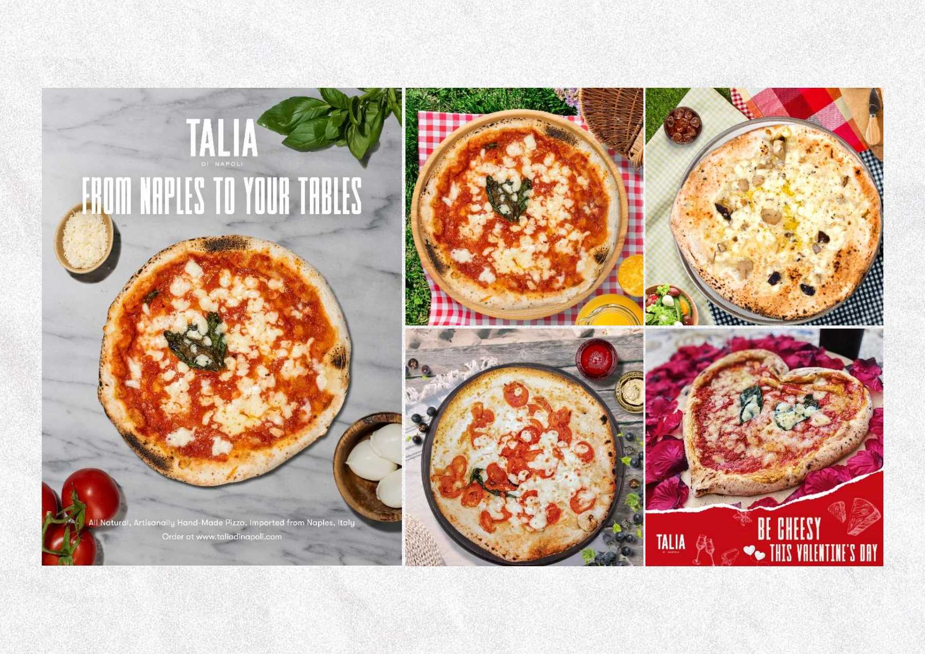 Talia di Napoli food-led layouts with pizza photography and promotional typography.