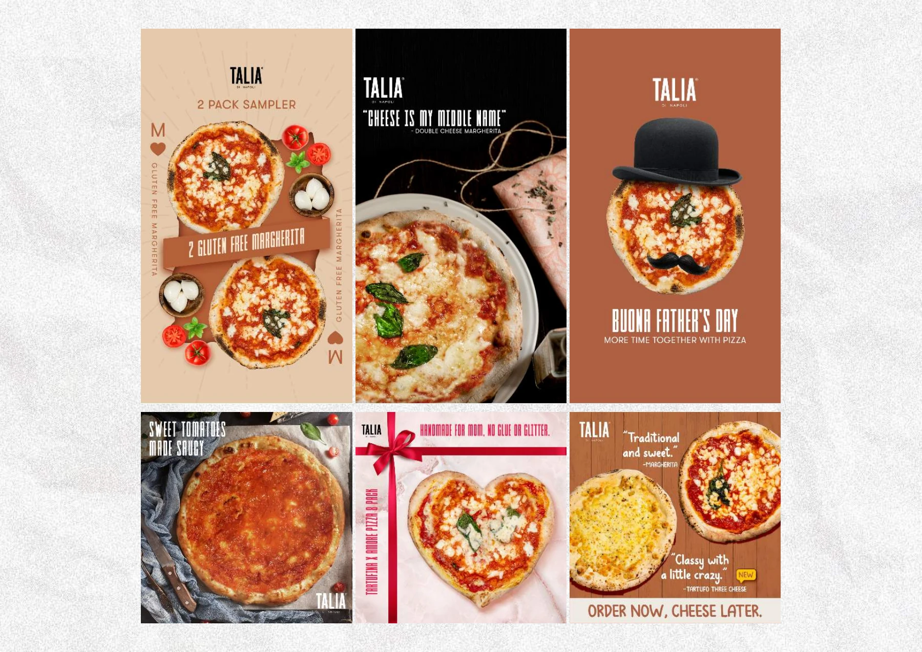 Talia di Napoli product-led social graphics featuring pizza and branded merchandise.