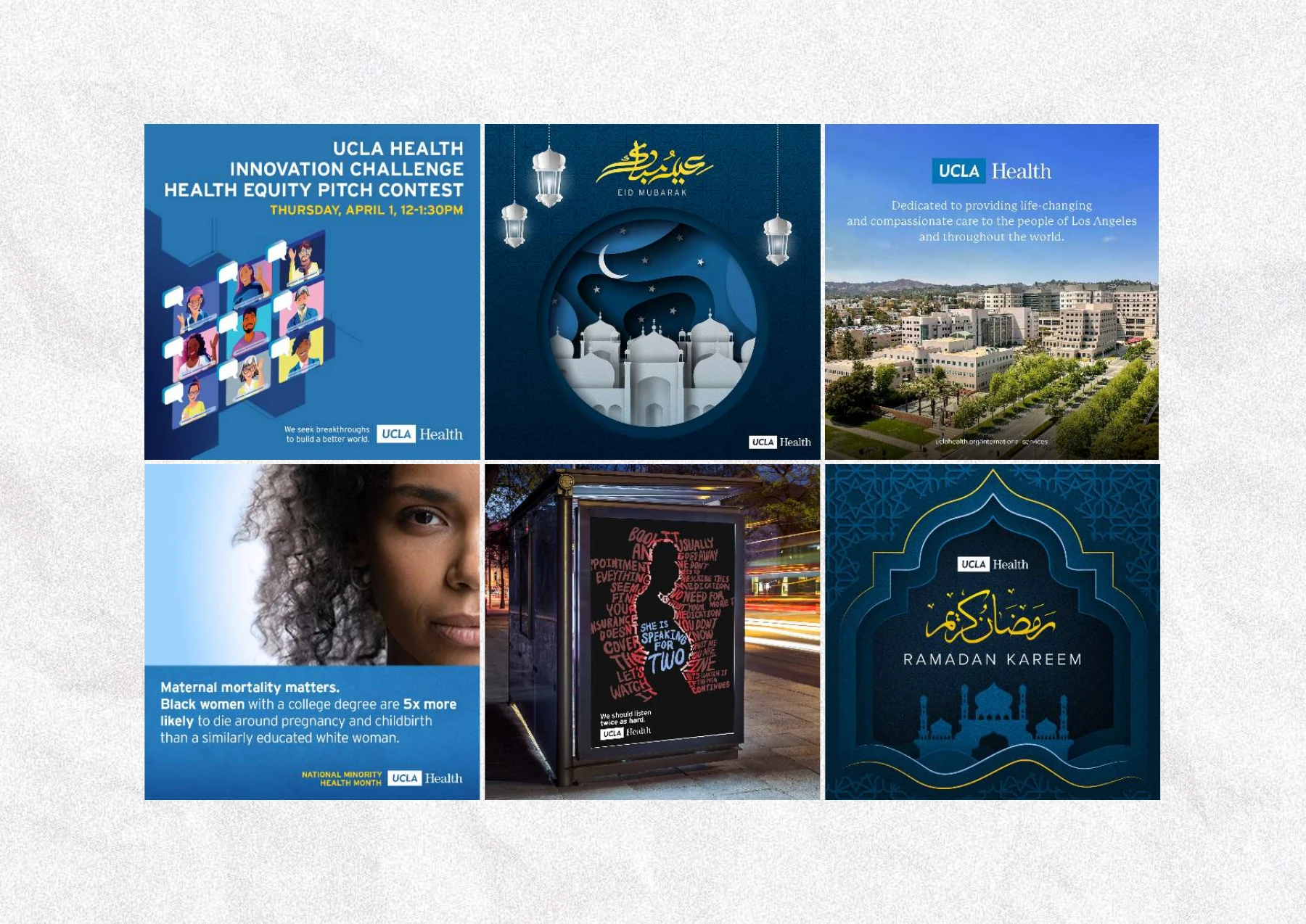 UCLA Health informational, institutional, and seasonal graphic designs.