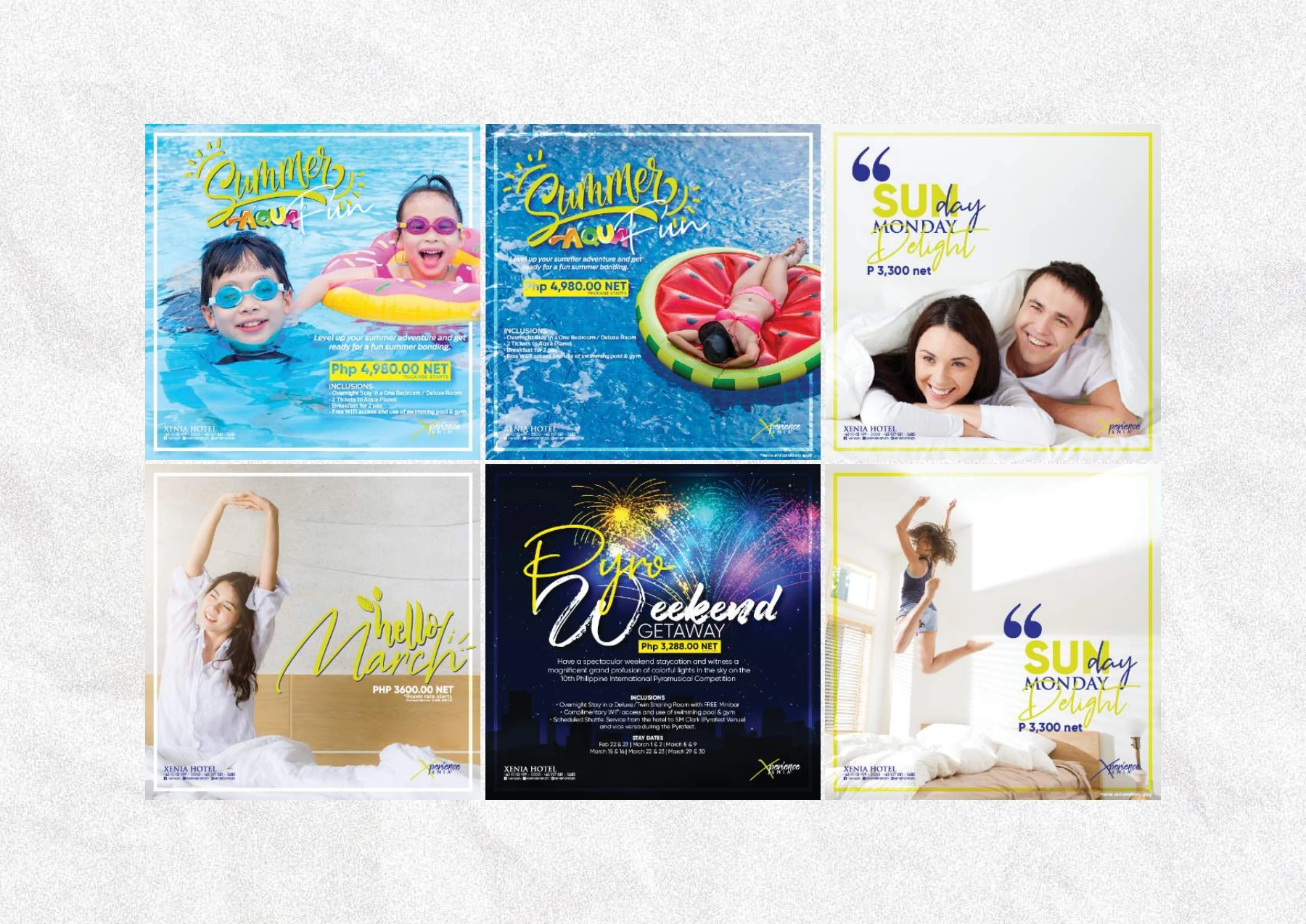 Xenia Hotel seasonal and room-related social media designs.